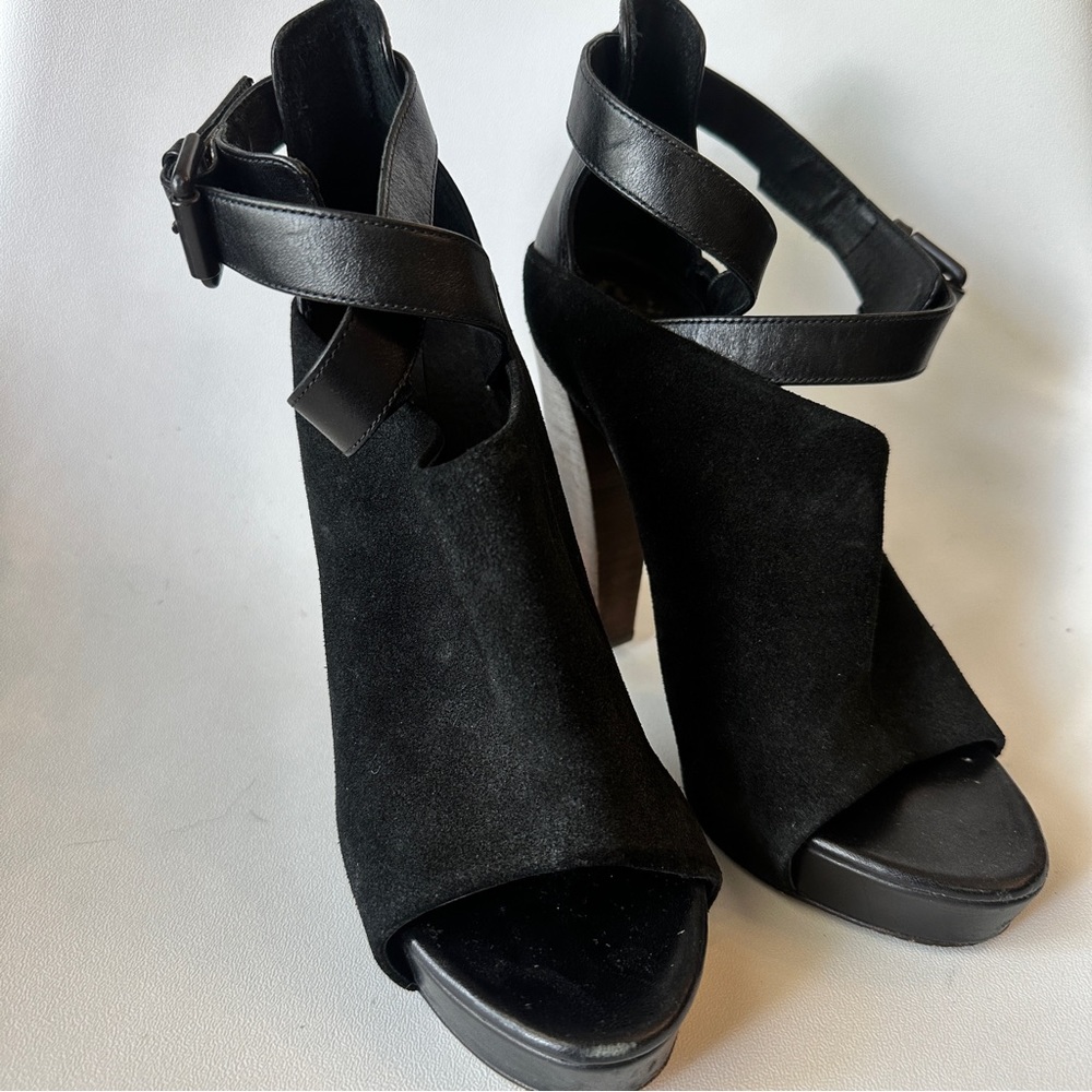 AllSaints Wrap Buckle Suede Peep Toe Heels - Size 38